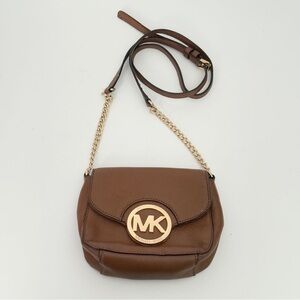 Michael Kors Fulton Crossbody Brown Leather Small Gold Chain Strap Logo
